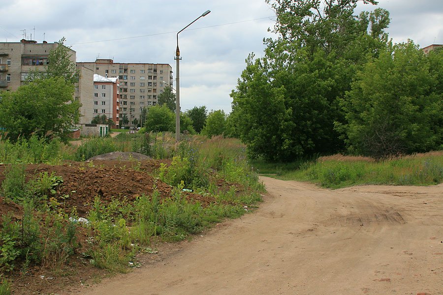 Слева на снимке дома 15-21 на улице Морозова, а прямо за деревьями овраг между улицами Морозова и Краснофлотской, по которой проходила узкоколейная железная дорога, 2007 год